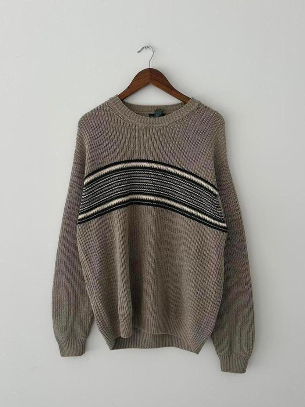 Men's Crewneck Knit Sweater in Taupe with Stripe Detail